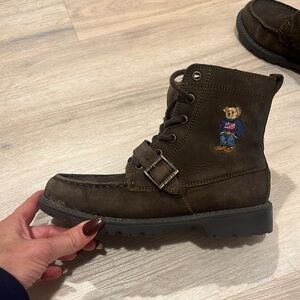 Polo Ralph Lauren Ranger Hi II flag Sweater Bear leather boots boys Youth LEON